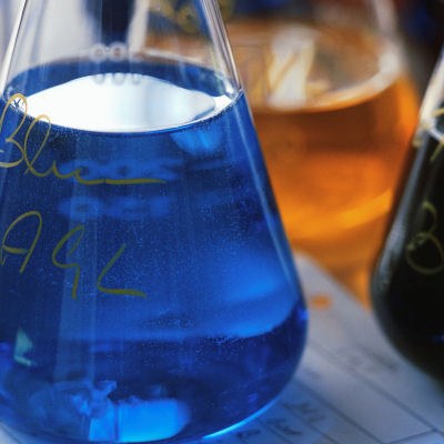 Chemical flasks in a laboratory